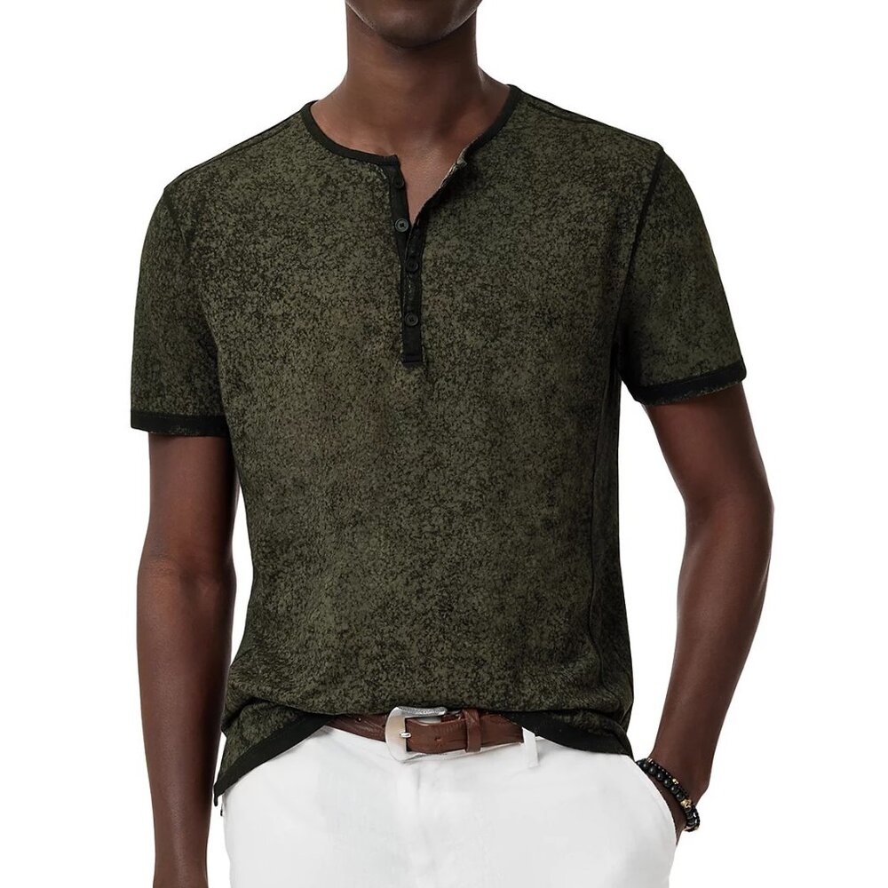 John Varvatos Collection Men's Arelis Peace Sign Henley SS Tee Shirt Moss Green